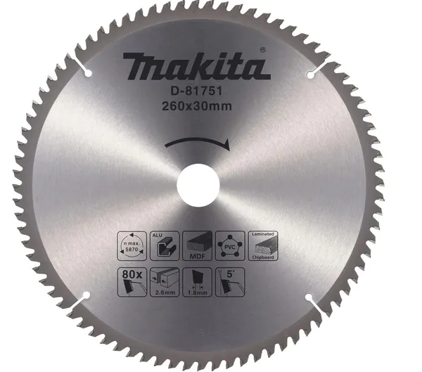 Диск пильный универсальный Makita 260*30*2.6/1.8*80T (для алюминия/дерева/пластика) D-81751