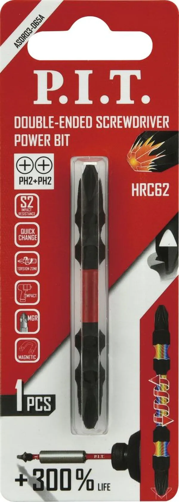 Бита ударная двусторонняя магнитная P.I.T. IMPACT PH2-PH2*65мм ASDR03-065A