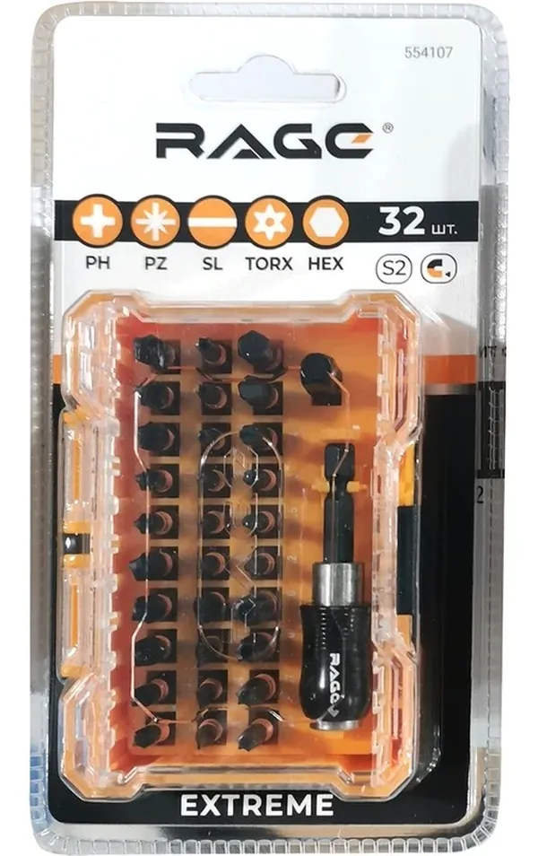 Набор бит с держателем RAGE PH/PZ/SL/HEX/TORX 32шт в кейсе 554107