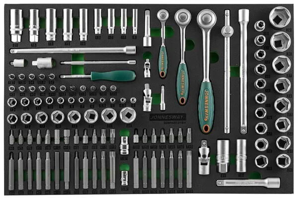 Набор головок торцевых Jonnesway 1/4", 3/8", 1/2"DR с аксессуарами 560x400 мм, 121 предмет S04H45121SV