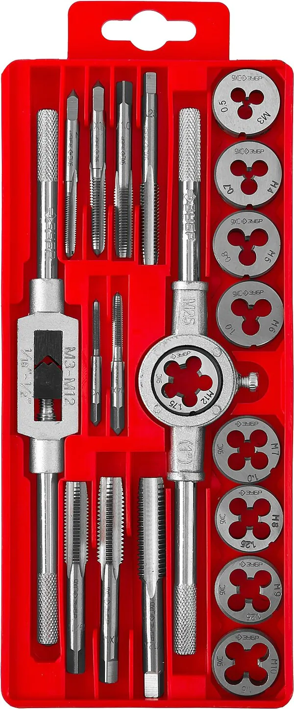 Набор метчиков и плашек Зубр 20 предм. сталь 9ХС в пластиковом боксе 2810-H20_z01