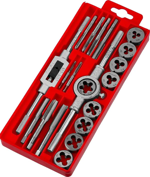 Набор метчиков и плашек Зубр 20 предм. сталь 9ХС в пластиковом боксе 2810-H20_z01