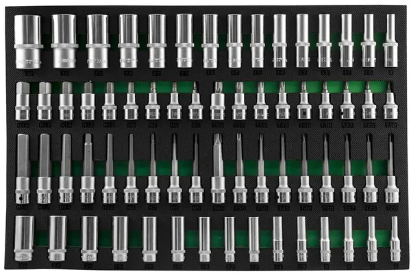 Набор головок торцевых глубоких Jonnesway 3/8", 1/2"DR и насадок торцевых 1/2"DR с вставками-битами в EVA ложементе 560x400 мм, 66 предметов S04HD4366