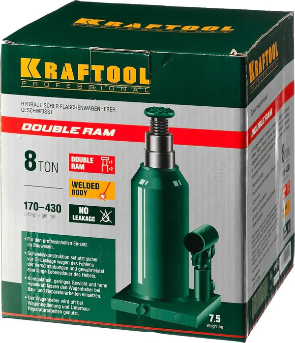 Домкрат двухштоковый бутылочный Kraftool DOUBLE RAM, 8т,170-430мм 43463-8