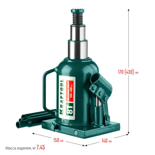 Домкрат двухштоковый бутылочный Kraftool DOUBLE RAM, 8т,170-430мм 43463-8