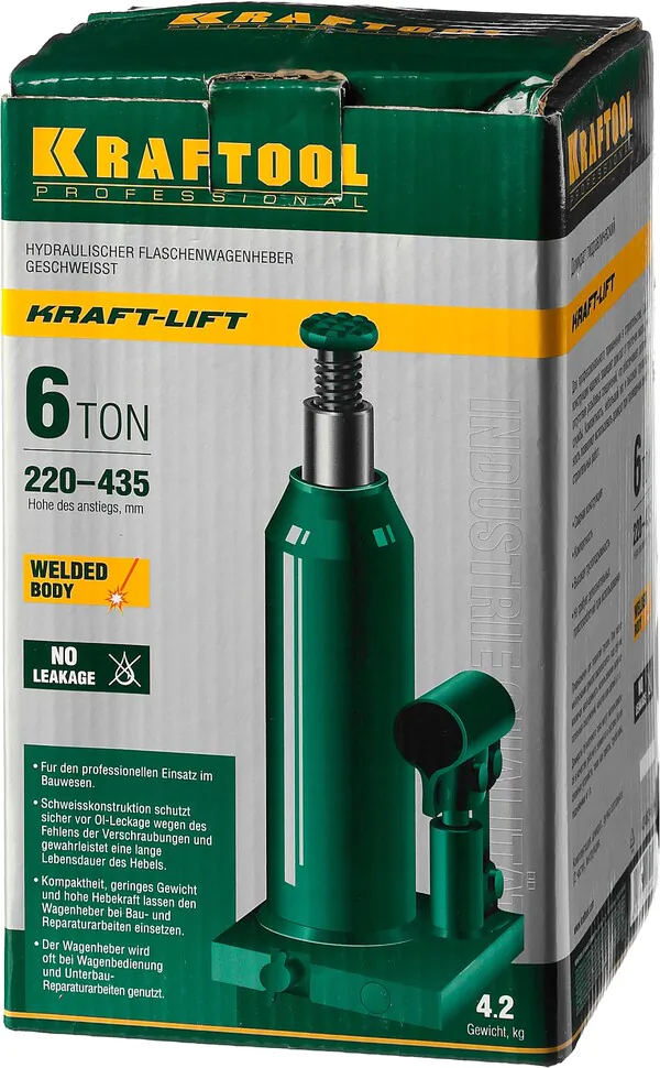 Домкрат гидравлический бутылочный Kraftool KRAFT-LIFT 6т,216-413мм (43462-6) 43462-6_z01