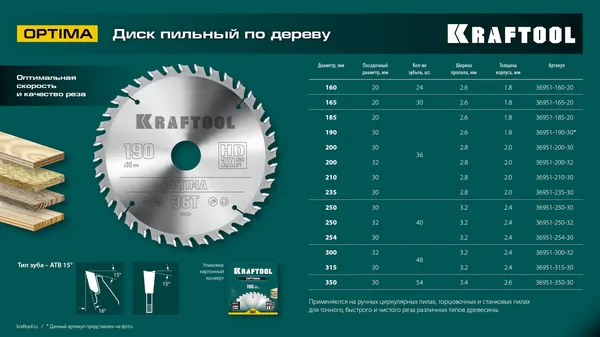 Пильный диск по дереву Kraftool Optima 350*30мм 54Т 36951-350-30