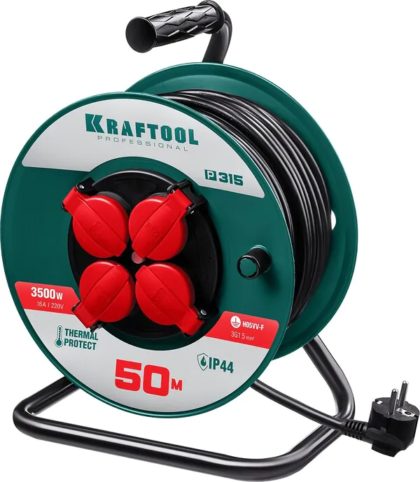 Удлинитель силовой Kraftool на катушке P-315 ПВС 3*1.5мм2, 50м 3500Вт IP44 55084-50