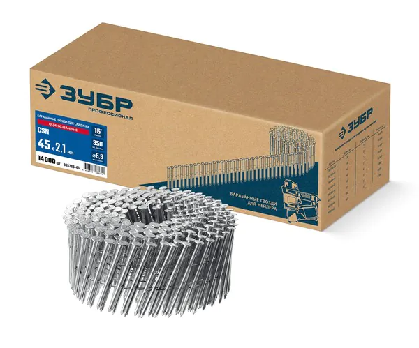 Гвозди барабанные для сайдинга оцинкованные ЗУБР CSN 45 х 2.1 мм, 14000 шт 305386-45