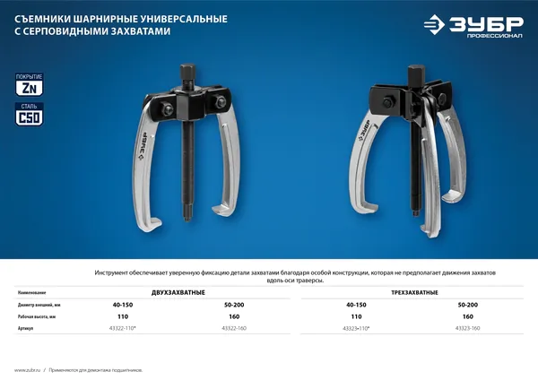 Съемник шарнирный Зубр Профессионал с серповидными захватами, двухзахватный d50-200мм 43322-160