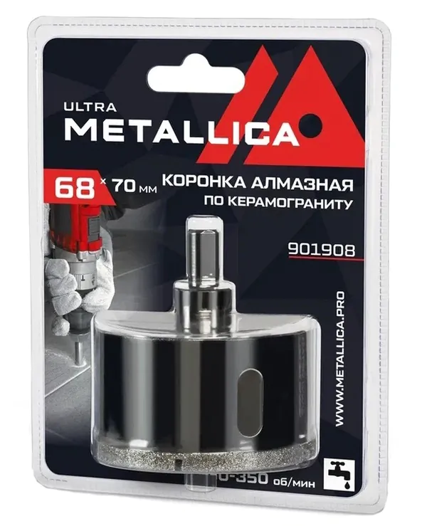 Коронка алмазная METALLICA Ultra 68*70 мм, #46, с сверлом, (по керамограниту, плитке) в блистере 901908