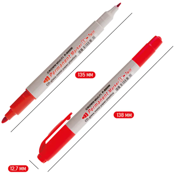 Маркер Crown перманентный двухсторонний красный MultiMarkerTwin 2мм/1мм P-800Wк