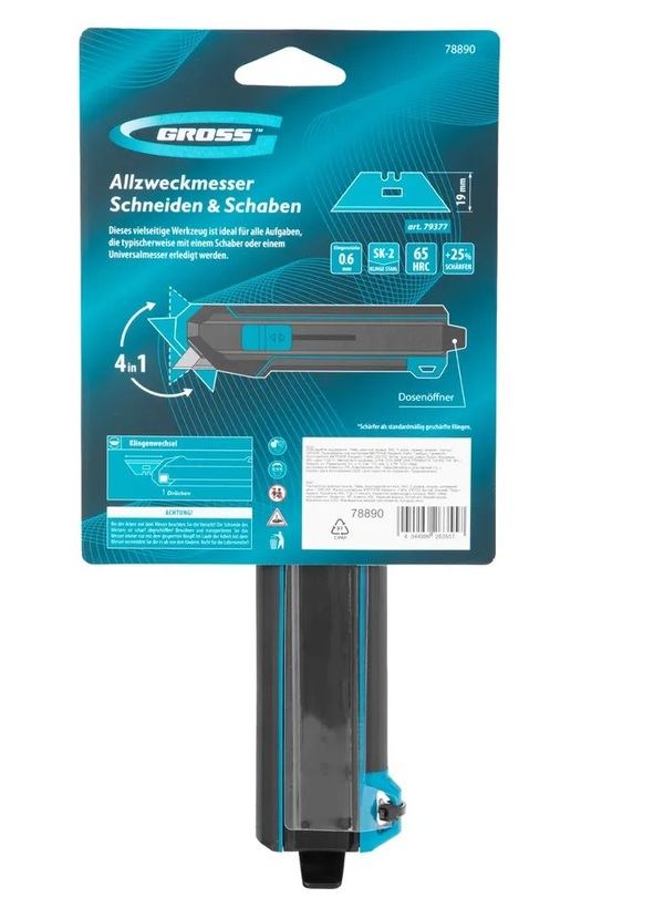 Нож-скребок GROSS выдвижной, 19мм, сменное лезвие, SK2, 5 запас. лезвий, алюмин. корпус 78890