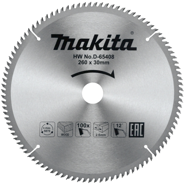 Диск пильный по дереву Makita 260*30*2.6/1.8*100T D-65408