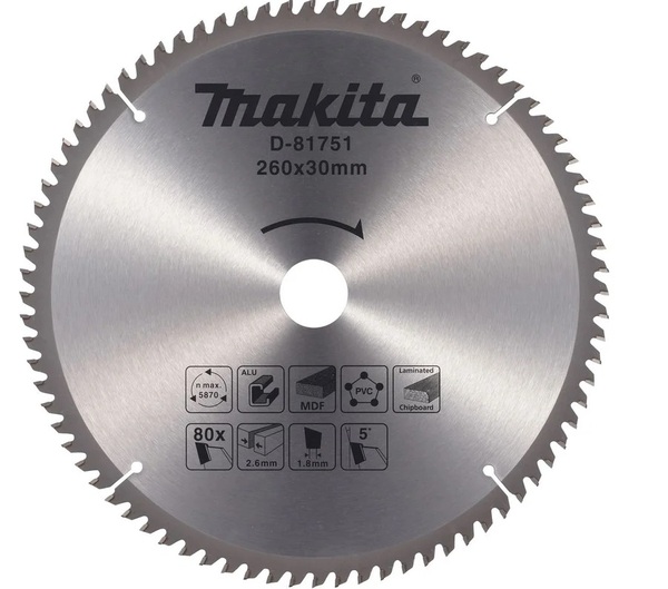 Диск пильный универсальный Makita 260*30*2.6/1.8*80T (для алюминия/дерева/пластика) D-81751