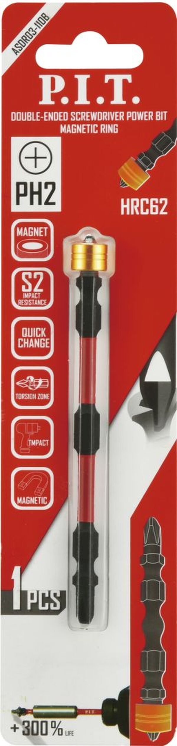 Бита ударная двусторонняя магнитная P.I.T. IMPACT PH2-PH2*110мм ASDR03-110B