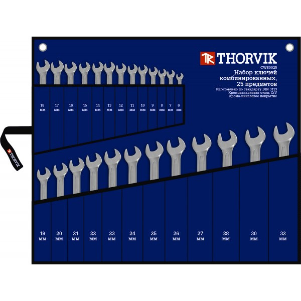 Набор ключей комбинированных Thorvik в сумке 6-32мм 25 предметов CWS0025 052049 набор ключей комбинированных эврика er 31260 6 32мм chrome vanadium сатинированных планшет