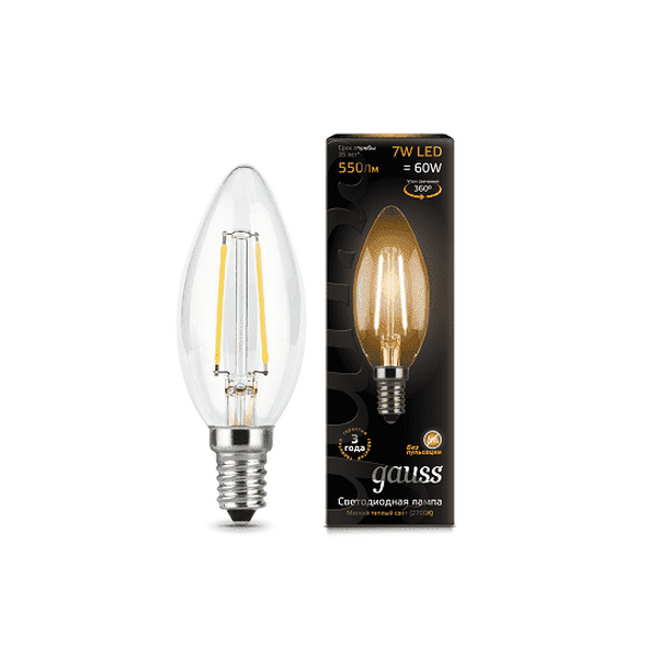 Лампочка Gauss LED 7W 550lm 2700К Filament Свеча E14 103801107 лампочка gauss 102902215 filament