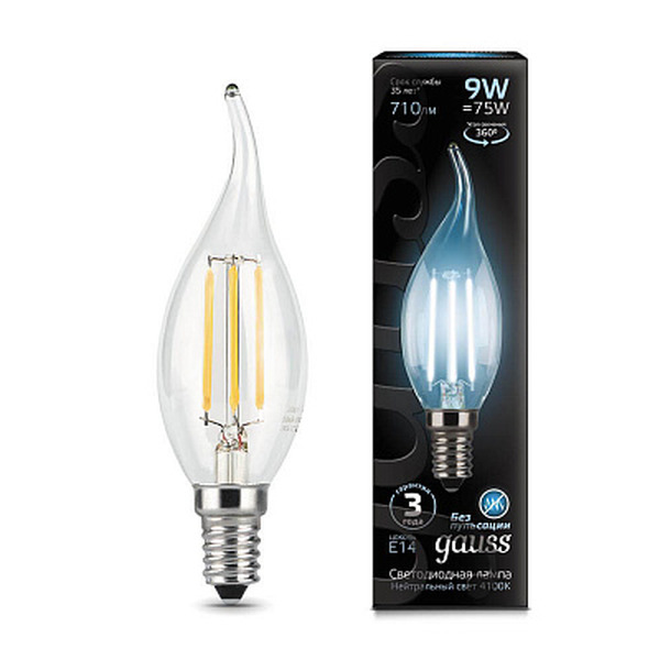 Лампочка Gauss LED 9W 710lm 4100K Filament Свеча на ветру E14 104801209 лампочка gauss 102902215 filament