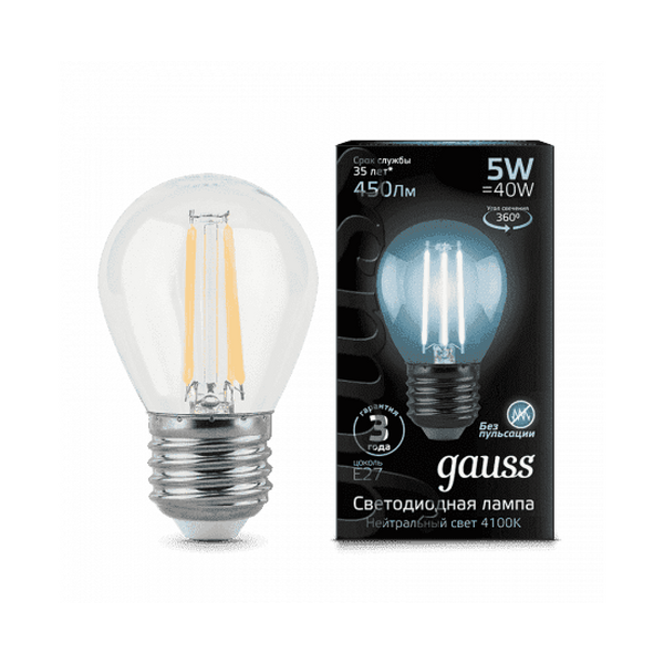 Лампочка Gauss LED 5W 450lm 4100K Filament Шар E27 105802205 лампочка gauss filament e27 105202109 d