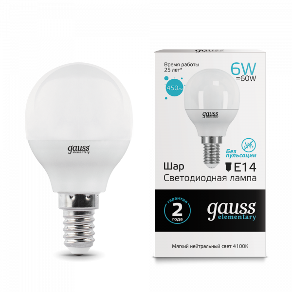 Лампочка Gauss LED 6W E14 450lm 4100K Elementary Шар 53126 лампочка uniel led cw37 6w nw e14 fr dim