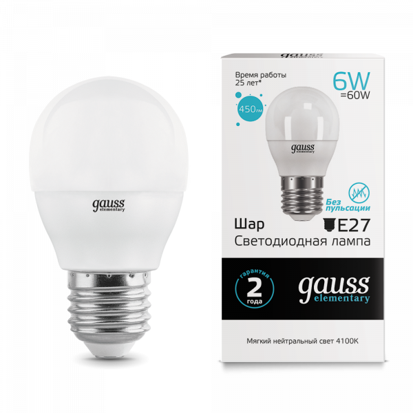 Лампочка Gauss LED 6W E27 450lm 4100K Elementary Шар 53226 лампочка gauss 101506107 elementary cофит led