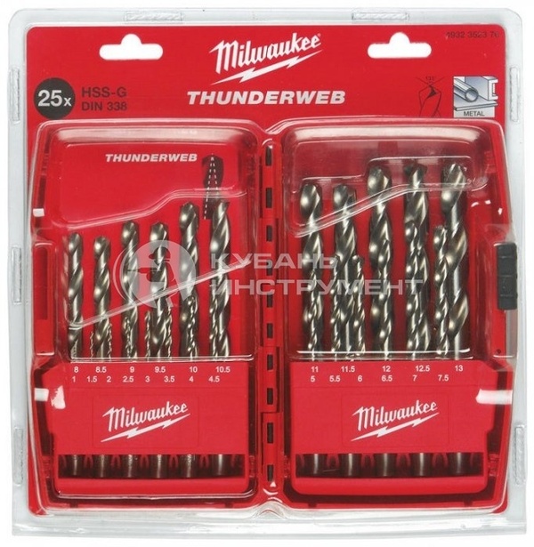 Набор сверл по металлу Milwaukee 25шт HSS-G Thunderweb 4932352376 набор сверл по металлу shockwave hss g tin red hex milwaukee ю1064