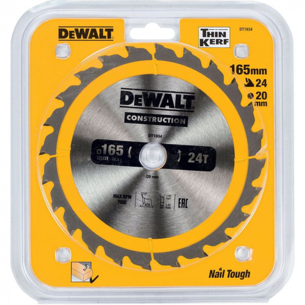 пильн диск construction п дер с гвоздями 165 20 24 atb 24° dewalt шт Диск пильный по дереву с гвоздями DeWalt Construction 165/20 24 ATB +10° DT1934-QZ