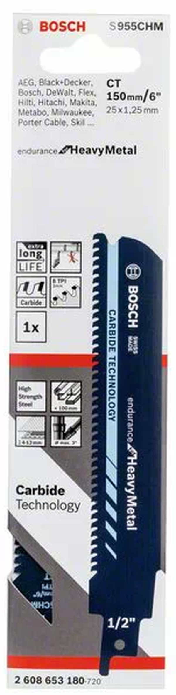 Полотно для сабельной пилы по твёрдым металлам Bosch S955CHM Carbide Heavy for Metal 2608653180