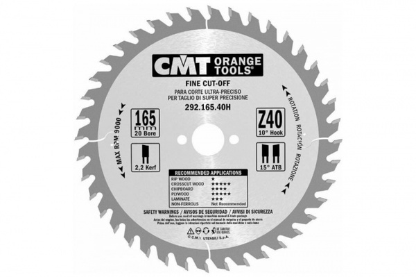 Диск пильный CMT 165*20*2,2/1,6 (10°; 15° ATB Z=40) 292.165.40H