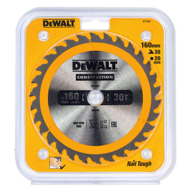 Диск пильный по дереву DeWalt Construction 160/20 1,5/2,4 30 ATB +10° DT1932-QZ