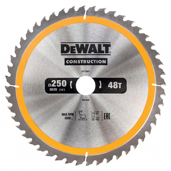 Диск пильный по дереву с гвоздями DeWalt Construct 250/30 48 ATB +10° DT1957-QZ