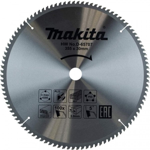 Диск пильный универсальный для алюминия/дерева/пластика Makita 355*30*3/2.2*100T D-65707 диск пильный по алюминию makita standard 260 30 1 8 100t d 03975