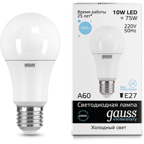 Лампочка Gauss LED 10W E27 950lm 6500K Elementary A60 23230