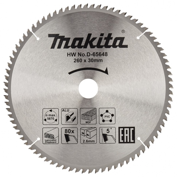 Диск пильный универсальный для алюминия/дерева/пластика Makita 260*30*2.6/1.8*80T D-65648 диск пильный makita standard 260 30 70t по алюминию d 45973