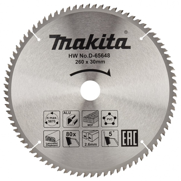 Диск пильный универсальный для алюминия/дерева/пластика Makita 260*30*2.6/1.8*80T D-65648