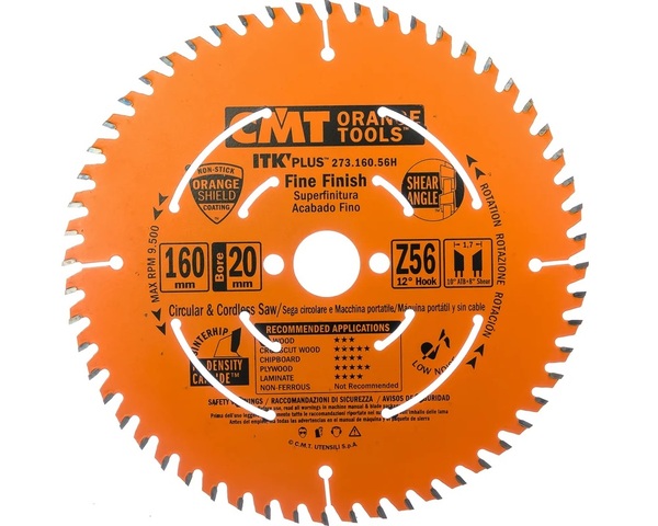 Диск пильный по лдсп, мдф CMT 160*20  +16 *1,8/1,2 12°10° ATB +8° SHEAR Z=56  273.160.56H