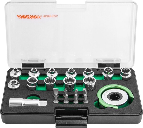 Головки торцевые Jonnesway SPLINE М 4-13 с дисковым трещоточным механизмом и аксессуарами в наборе, 22 предмета RD05H22S  46626