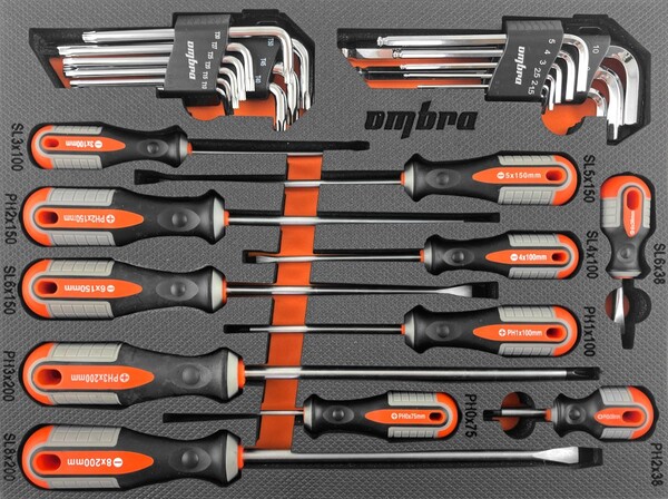 Набор отверток стержневых Ombra ROUND GRIP и торцевых ключей в EVA ложементе 280х375мм, 29 предметов OMT29STE 56130
