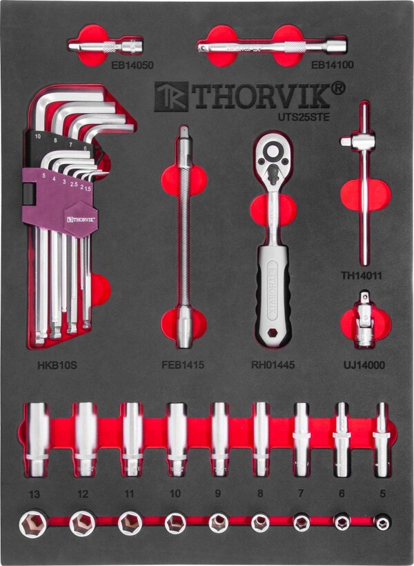 Набор торцевых головок Thorvik 1/4" с принадлежностями в EVA ложементе 280х375 мм, 25 предметов UTS25STE