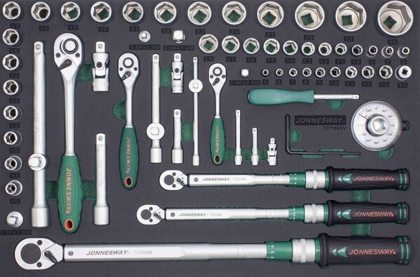 Набор ключей динамометрических и головок торцевых Jonnesway 1/4"DR 2-10 Нм, 3/8"DR 10-60 Нм , 1/2"DR  40-200 Hм в EVA ложементе, 66 предметов T27166SV