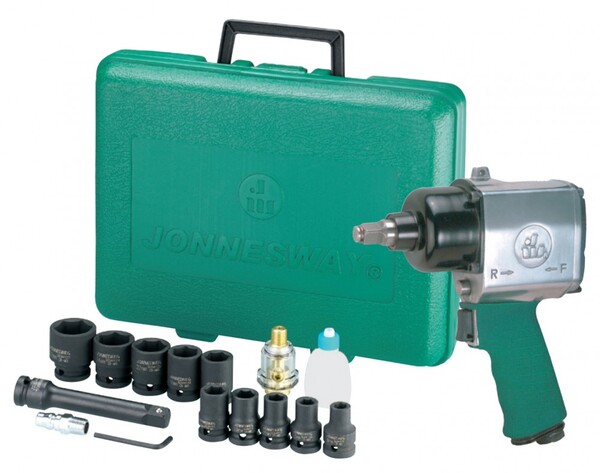 Набор пневмогайковерт ударный Jonnesway 1/2"DR 7000 об/мин., 610 Нм с аксессуарами, 17 предметов JAI-0501K