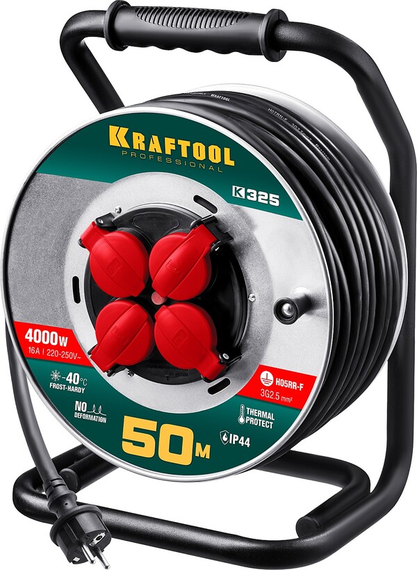 Удлинитель силовой Kraftool на стальной катушке K-325 КГ 3*2.5мм2, 50м 4000Вт IP44 55086-50 