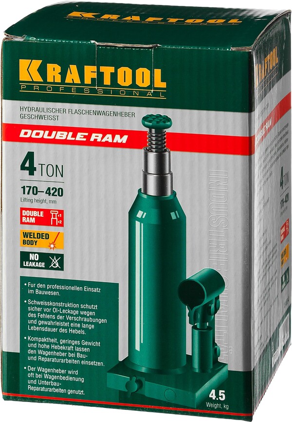 Домкрат бутылочный двухштоковой Kraftool DOUBLE RAM 4т 170-420мм 43463-4