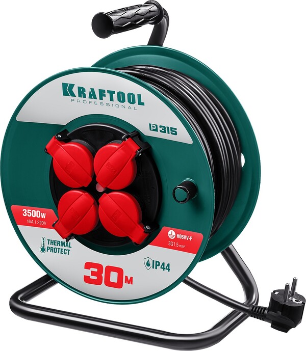 Удлинитель силовой KRAFTOOL P-315, ПВС, 3 x 1.5 мм2, 30 м, 3500 Вт, IP44, на катушке  55084-30 