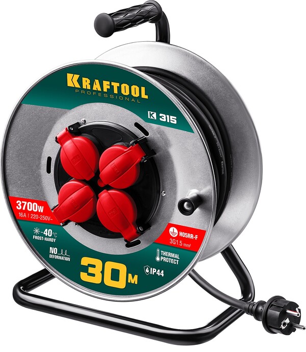 Удлинитель силовой Kraftool на стальной катушке K-315 КГ 3*1.5мм2 30м 3700Вт IP44  55085-30  55085-30_z01