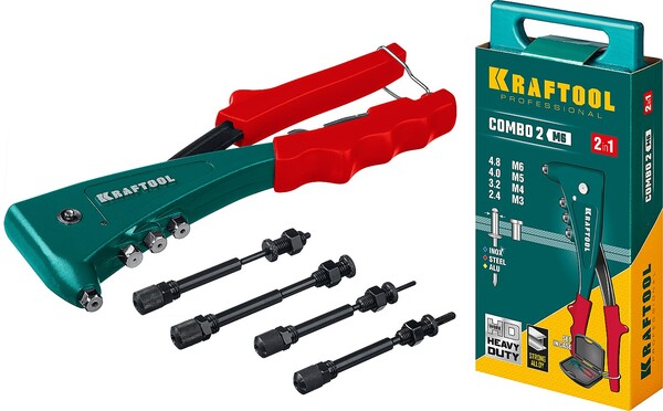 Заклепочник KRAFTOOL Combo2-M6, 2 вида заклёпок, комбинированный литой в кейсе 31180