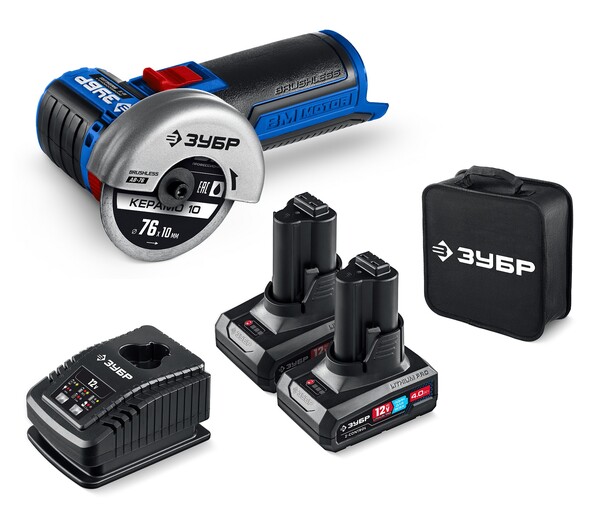 Аккумуляторная угловая шлифовальная машина ЗУБР Профессионал 12 В, D76 мм, 2 АКБ тип Т7 (4 А·ч), бесщеточная, сумка AB-76-42