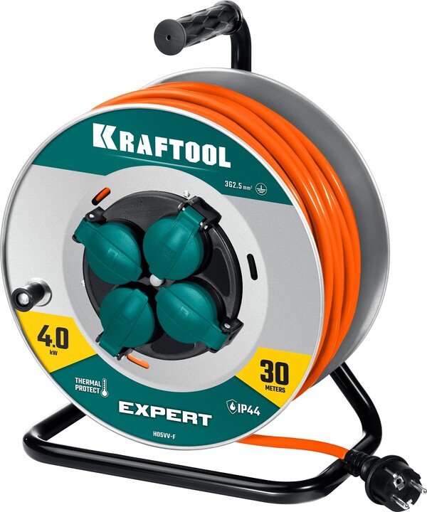 Удлинитель силовой Kraftool EXPERT на стальной катушке ПВС 3*2.5 30м 4000Вт IP44 55089-30