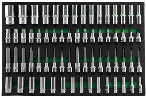 Набор головок торцевых глубоких Jonnesway 3/8", 1/2"DR и насадок торцевых 1/2"DR с вставками-битами в EVA ложементе 560x400 мм, 66 предметов S04HD4366